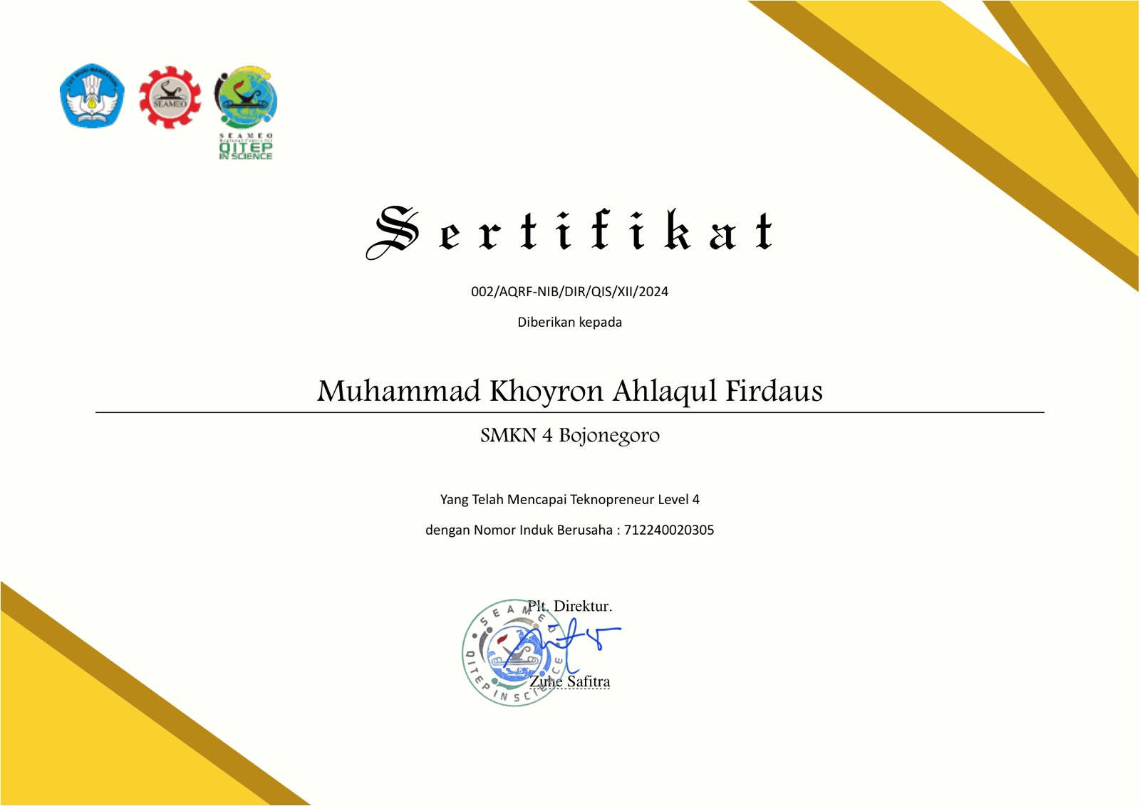 Sertifikat Teknopreneur Level 4 (AQRF NIB)